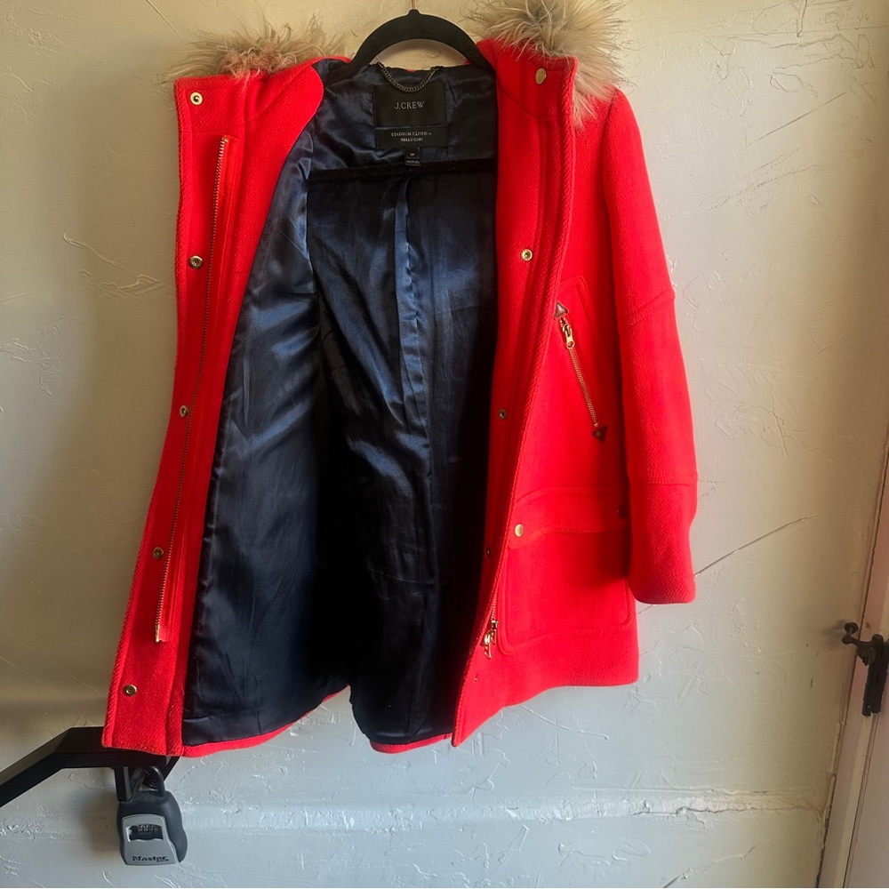 J. Crew Stadium Cloth Red Wool Coat w/ Faux Fur Hood Statement Winter Parka 2P - Picture 15 of 16